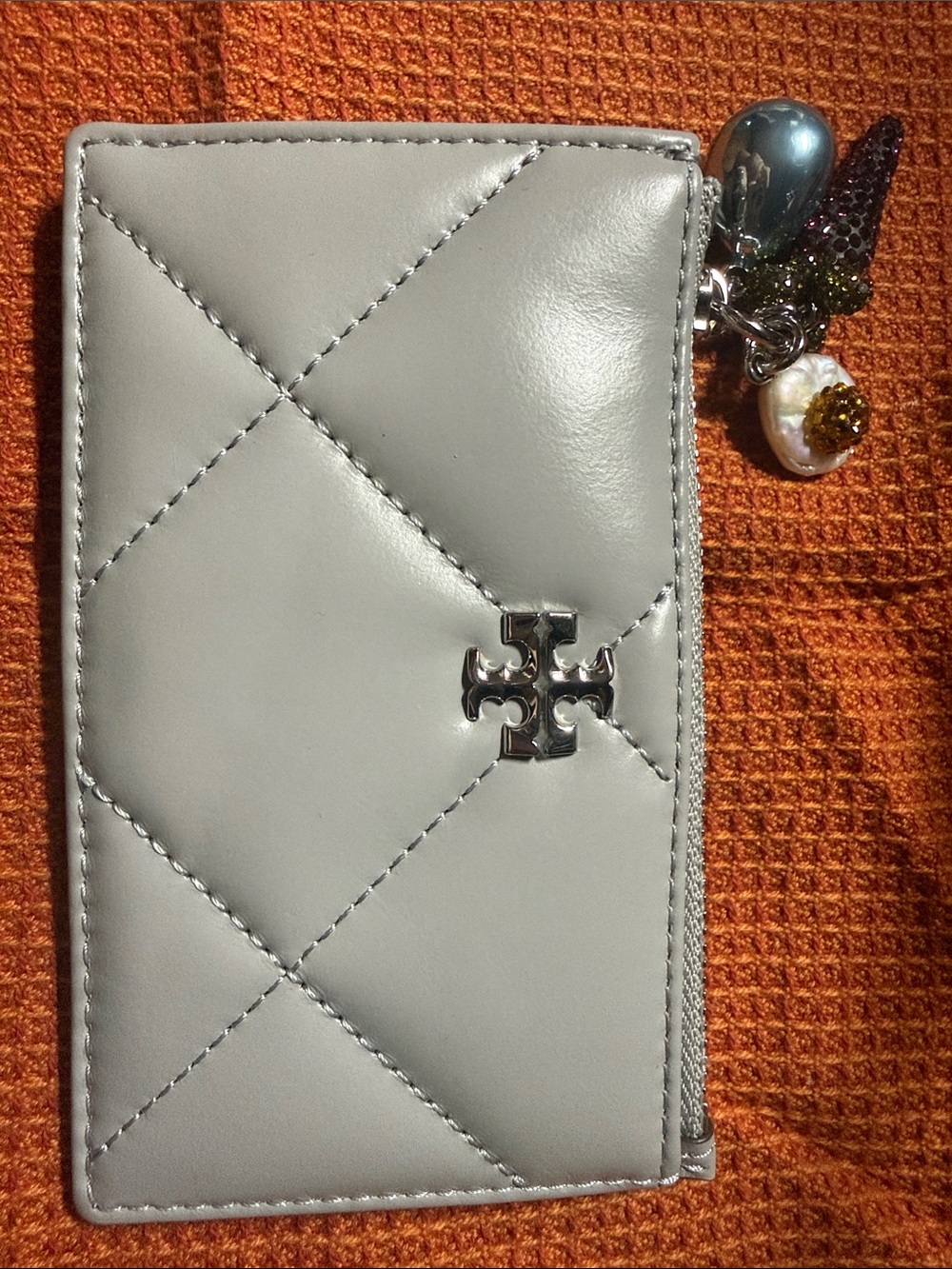 Tory Burch Quilted Leather Zip Card Case Wallet in Light Gray with Charm